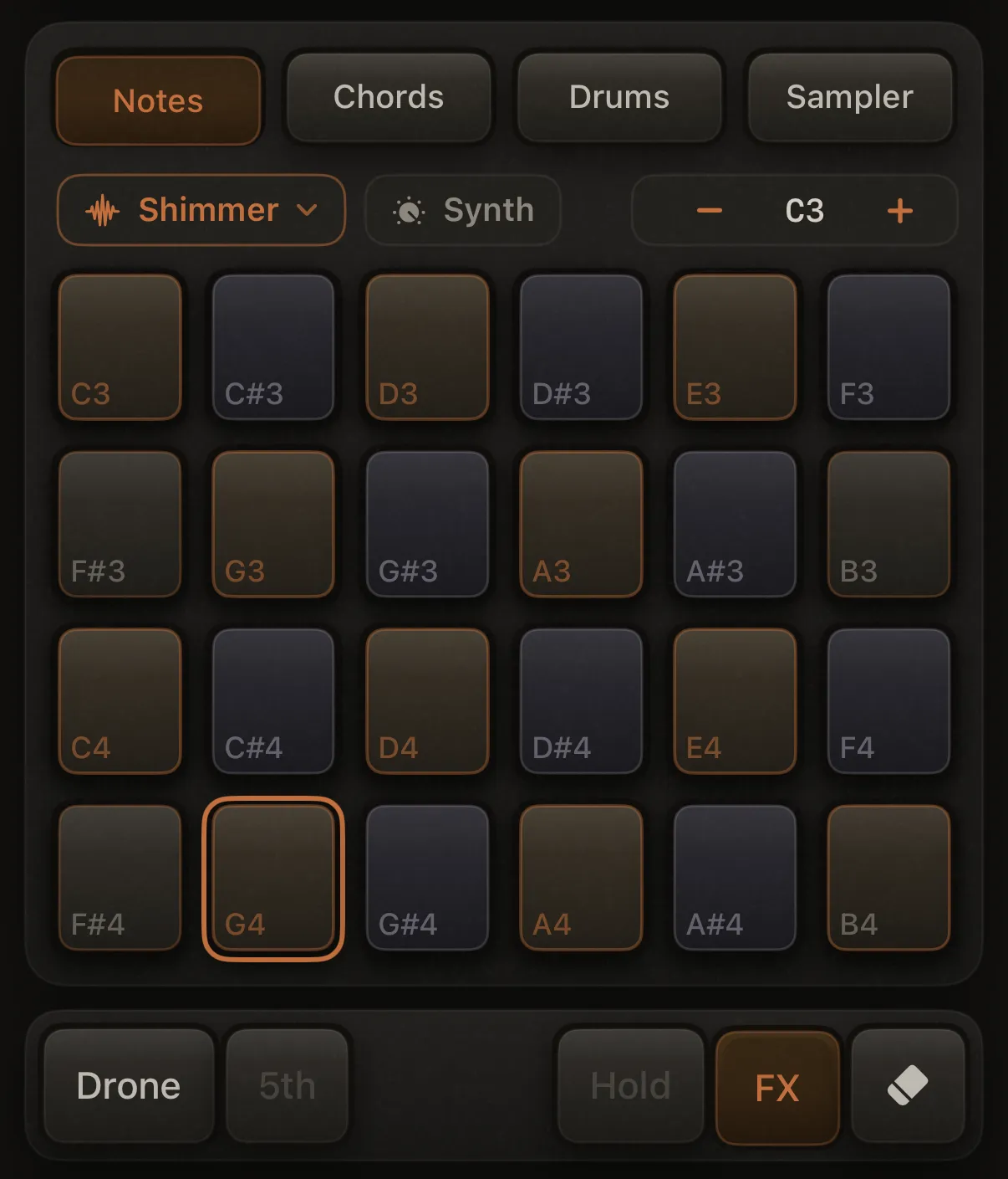 Notes mode with ARP on: one pad with persistent root outline.