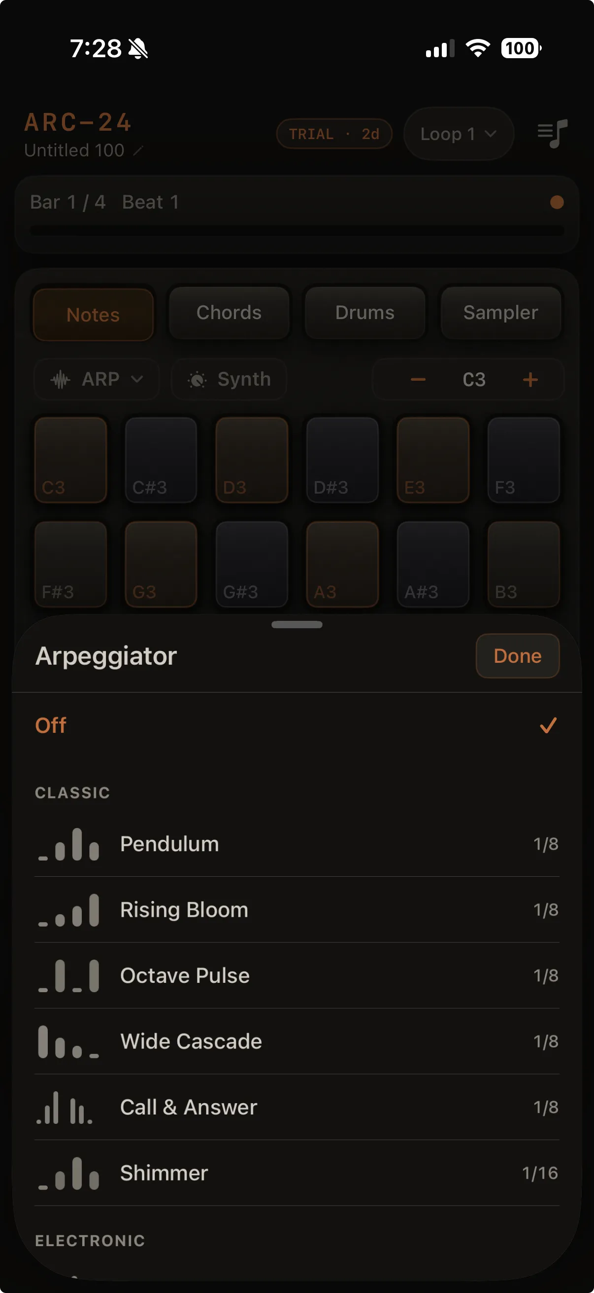 ARP picker sheet: an "Off" row at the top, then patterns grouped under Slow & Sparse, Melodic, Driving, and Dark. Each row shows the pattern name and a small contour preview of its shape.