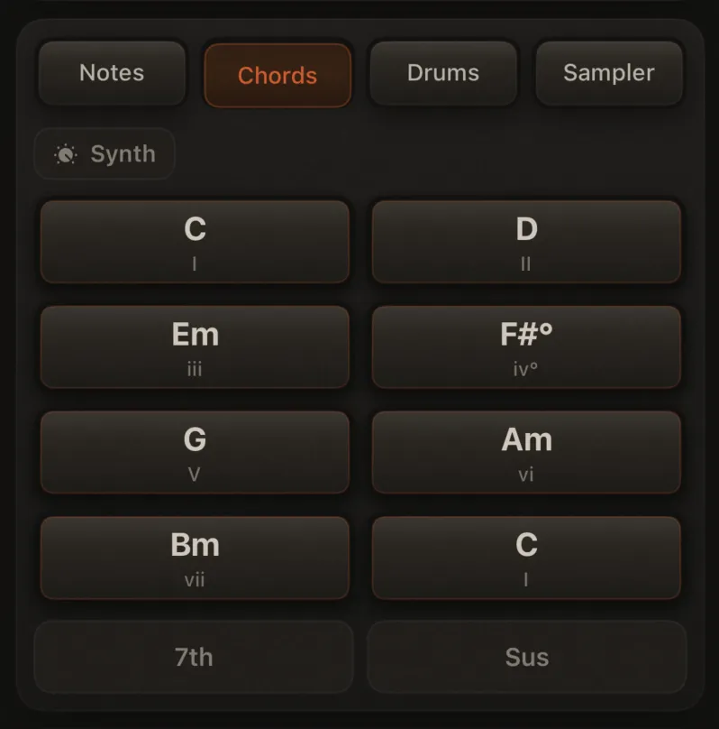 Chords mode: 8 pads with chord names (e.g. C, Dm, Em) and/or roman numerals. Mode pill "Chords" selected. 7th and Sus buttons below grid.