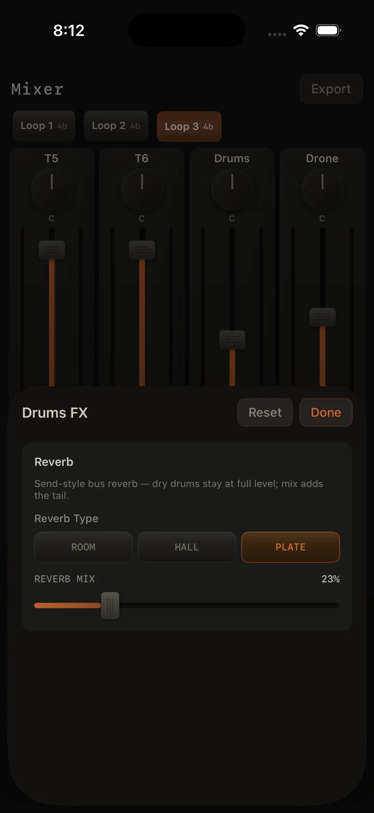 Track FX sheet opened on a drum track (from Mixer or the performance FX pill).