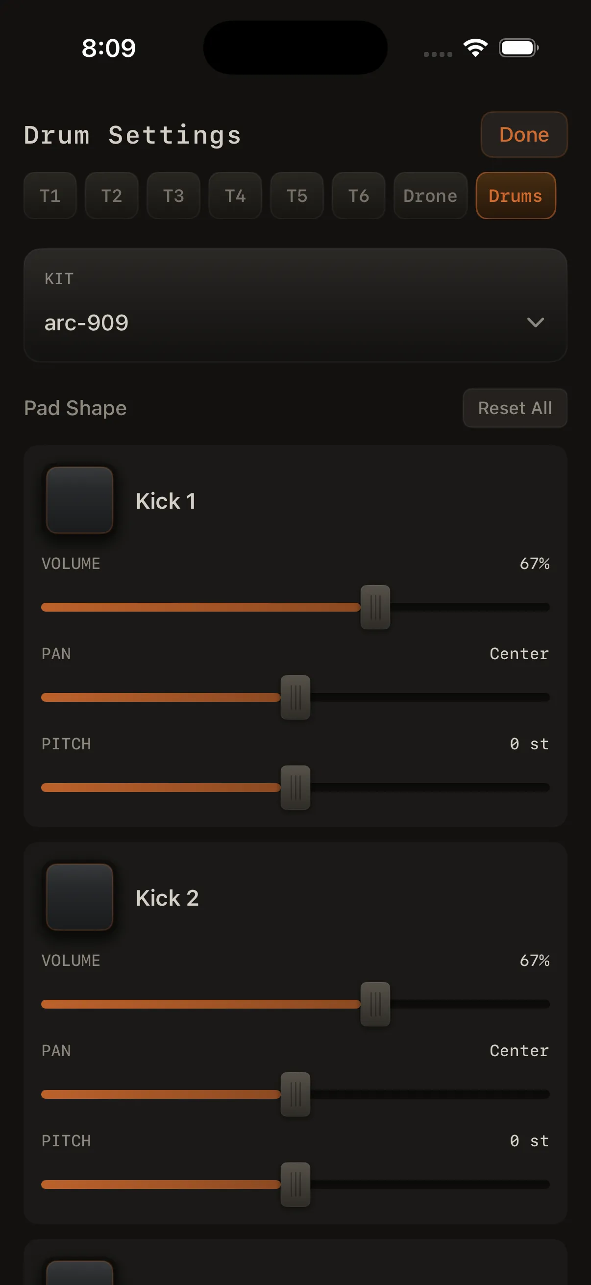 Drum Settings: pad grid with selected pad ringed, knob panel below with Volume / Pan / Pitch.