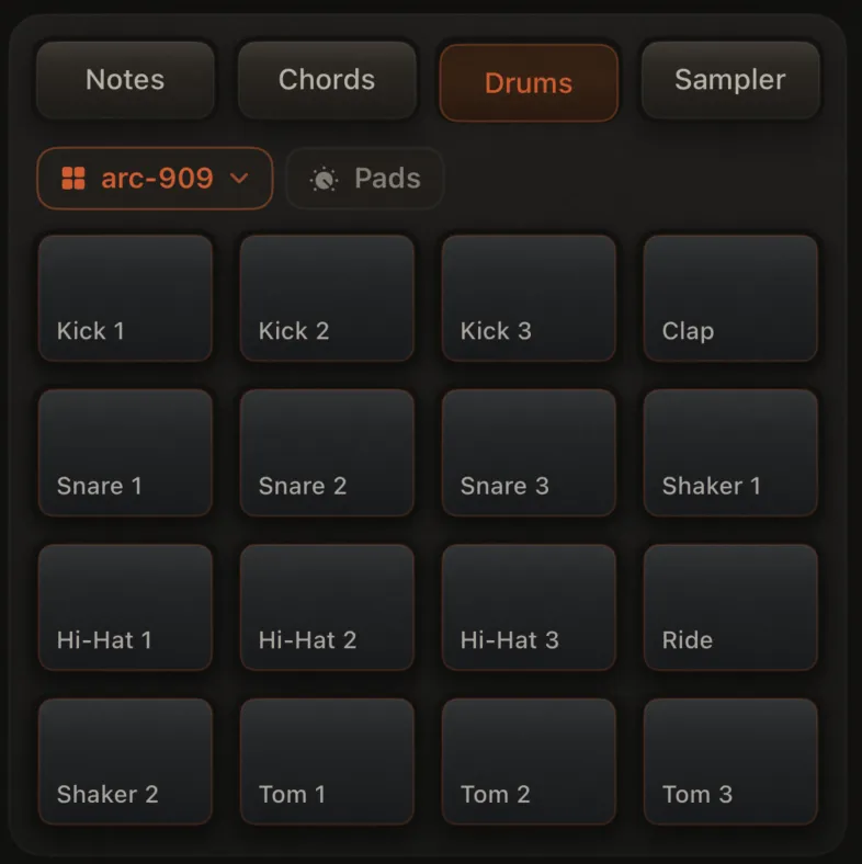 Drums mode: kit pill + Pads pill above the grid, pad labels from filenames, FX in extras row. Mode pill "Drums" selected.