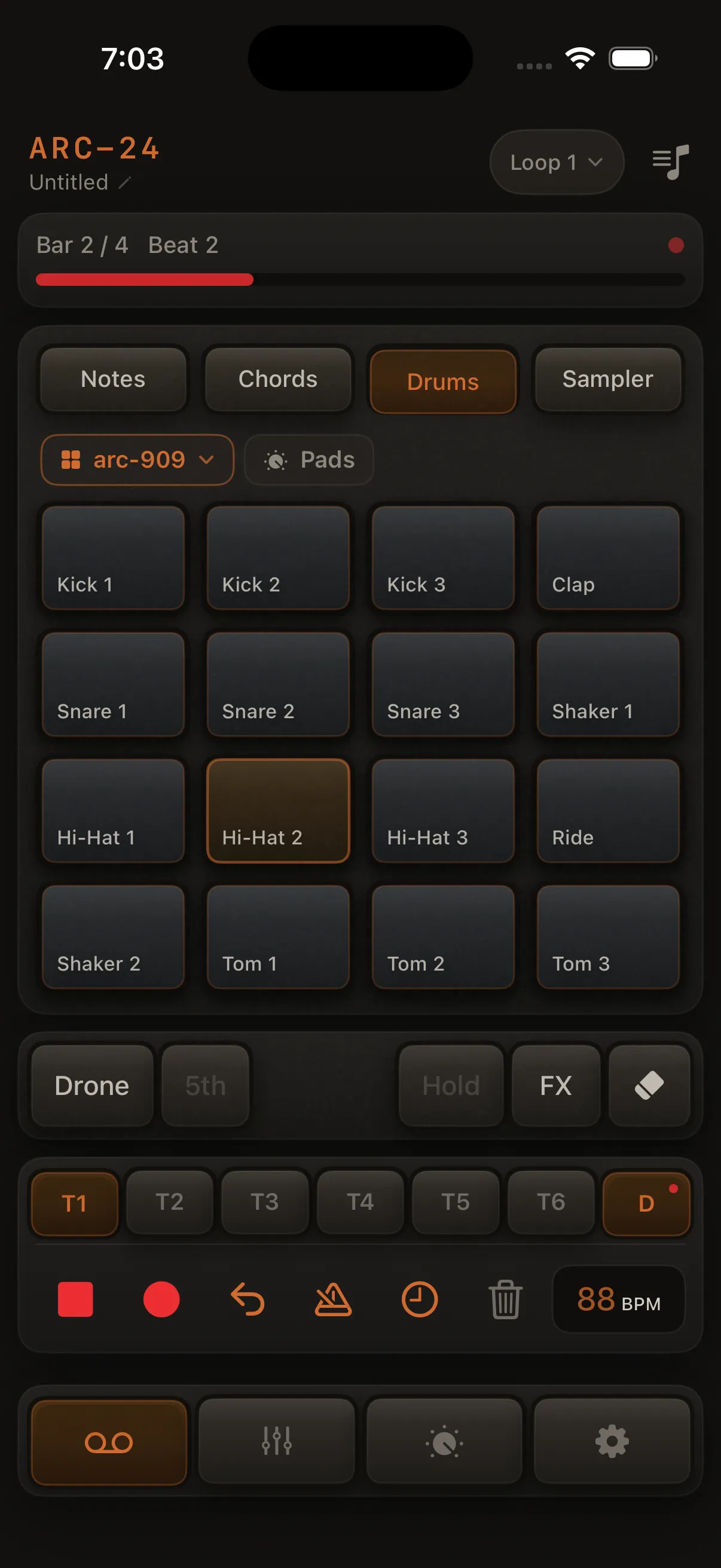 Drums mode with red record arm active, transport playing, one pad lit from a recent hit.