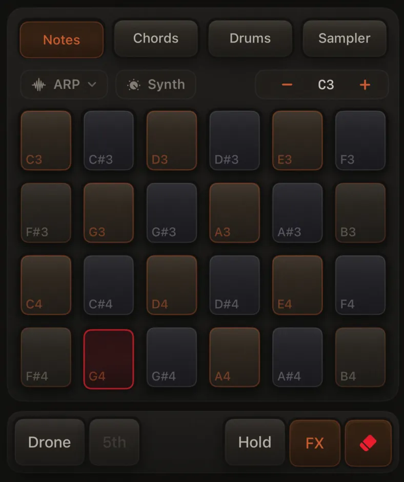 Extras row: Drone on left; Hold and Erase on the right; Erase red when active.