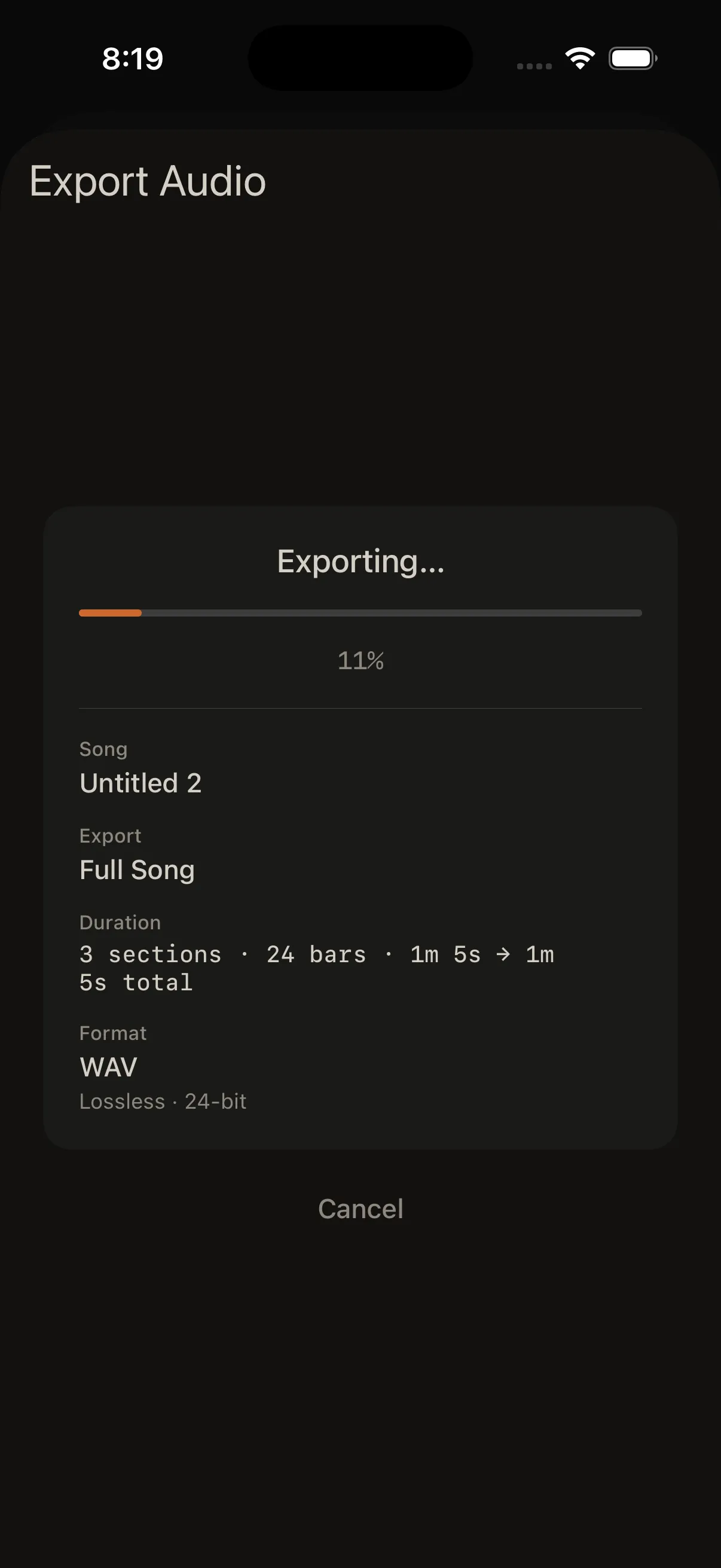 Export in progress: progress bar, percent, and detail rows (song title, export type, duration, format).