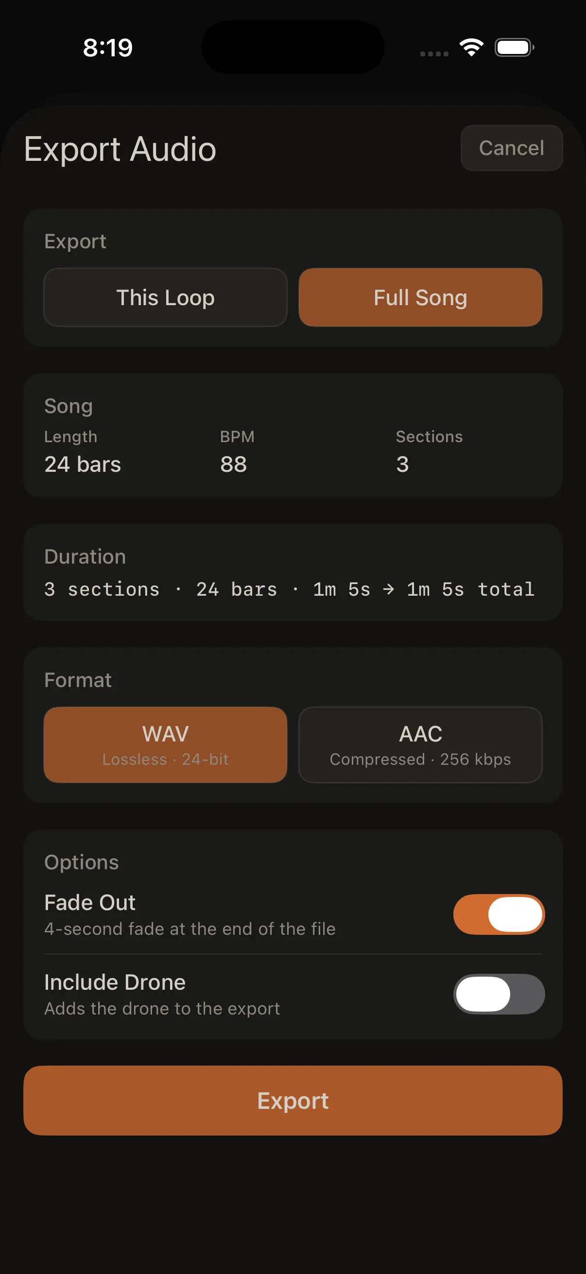 Export sheet top: This Loop / Full Song selector, duration controls for loop export.