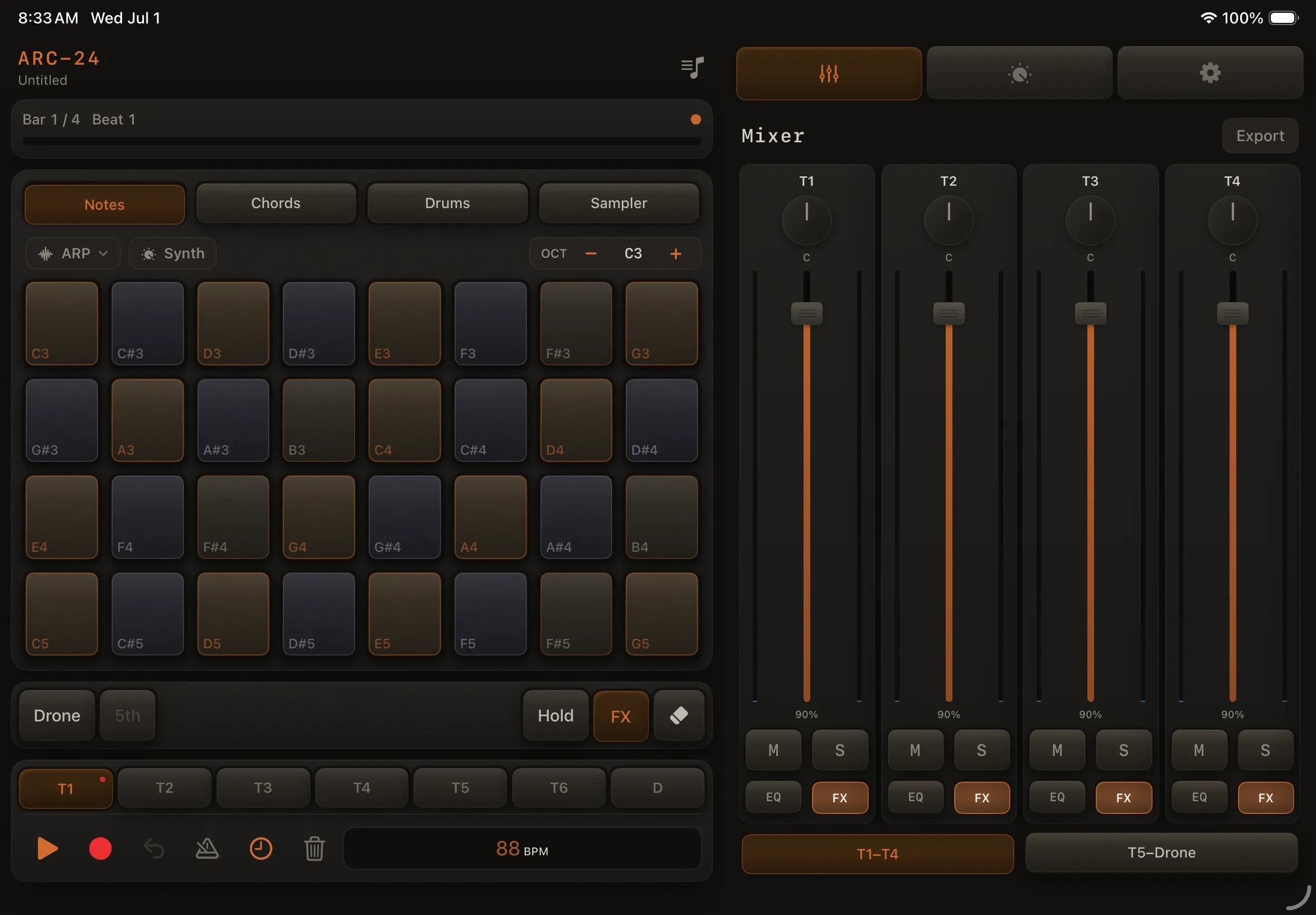 iPad landscape: performance left, Mixer or Setup right.