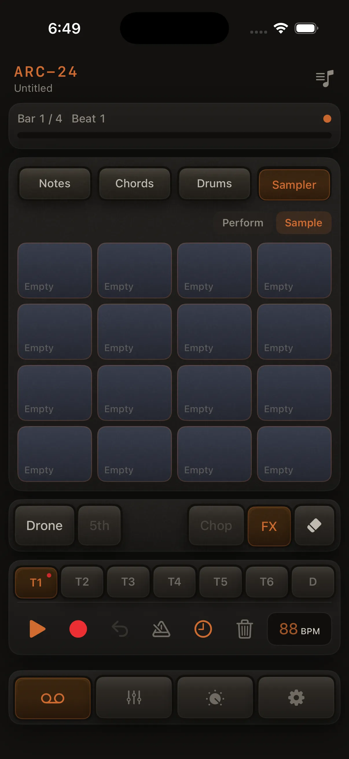 Full iPhone Playback tab: ARC-24 title and song name; timeline showing "Bar 1 / 4 · Beat 1"; Notes / Chords / Drums / Sampler pills; pad grid; extras row (left: Hold, Pulse; right: FX, Erase); control bar with T1–T8, play, record arm, BPM.