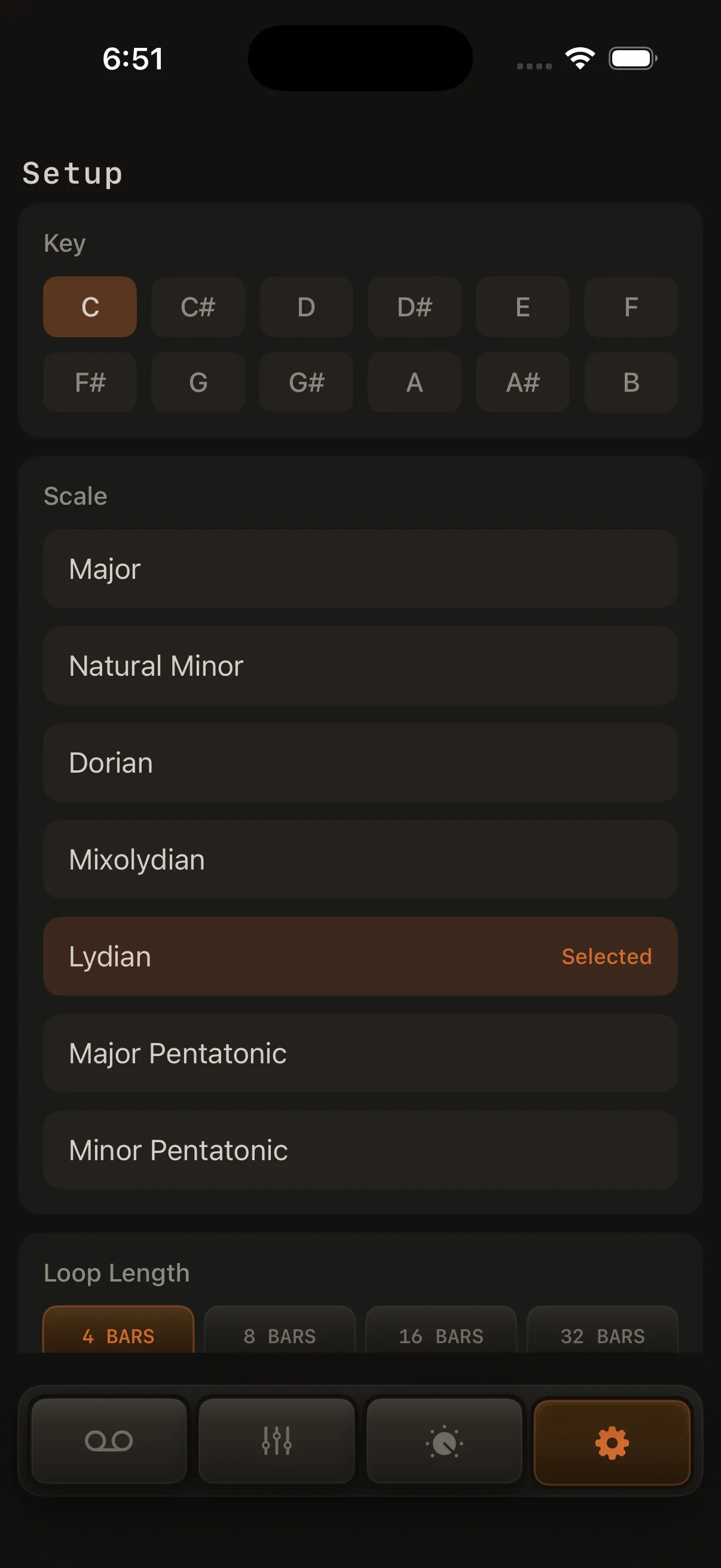 Setup tab, Music section: Key, Scale, Loop length.