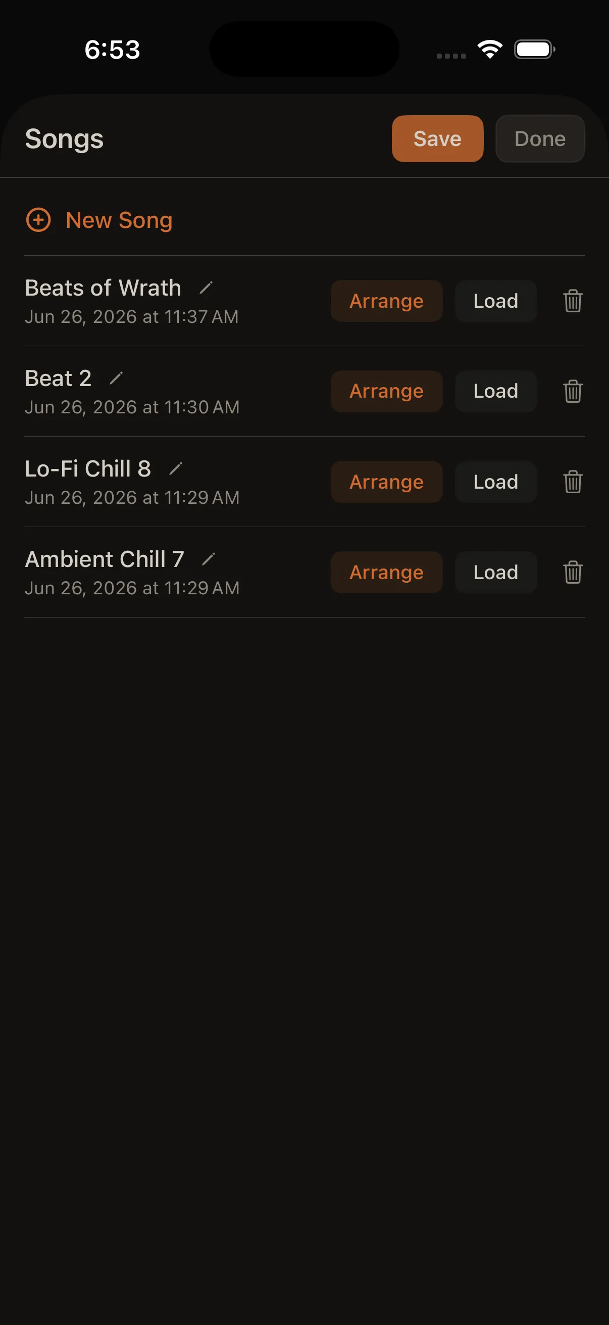 Song list sheet with Save, New, and at least one song.