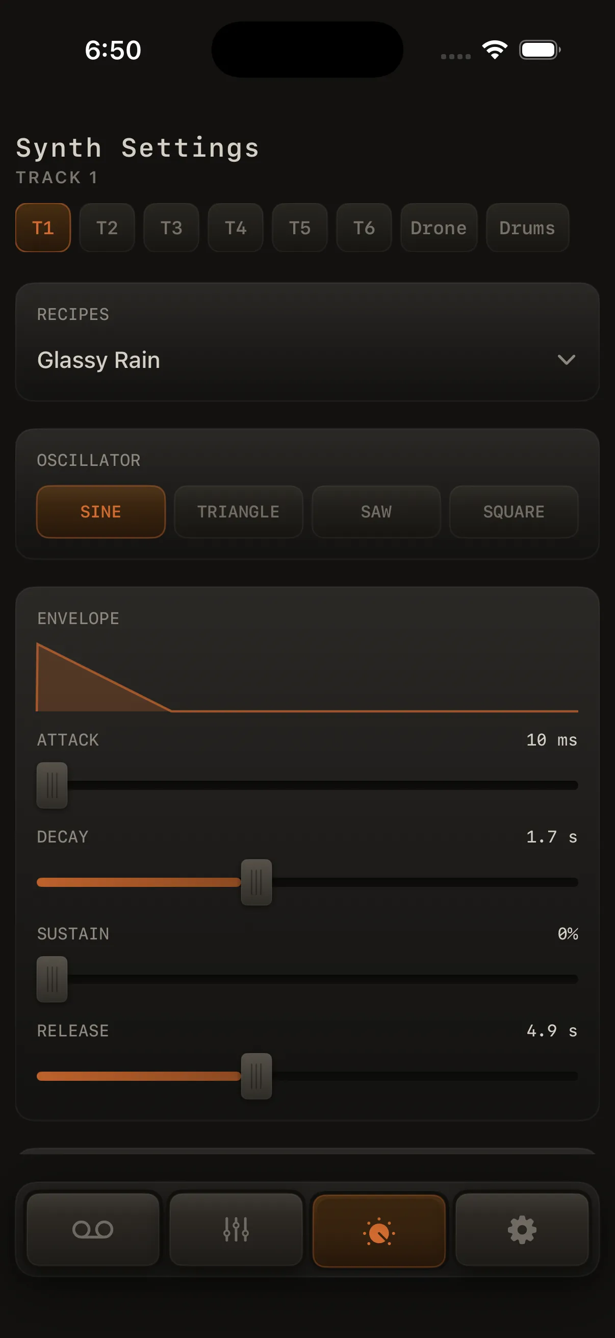 Sound Design Track tab: Track 1 selected, Recipes section with one preset highlighted.
