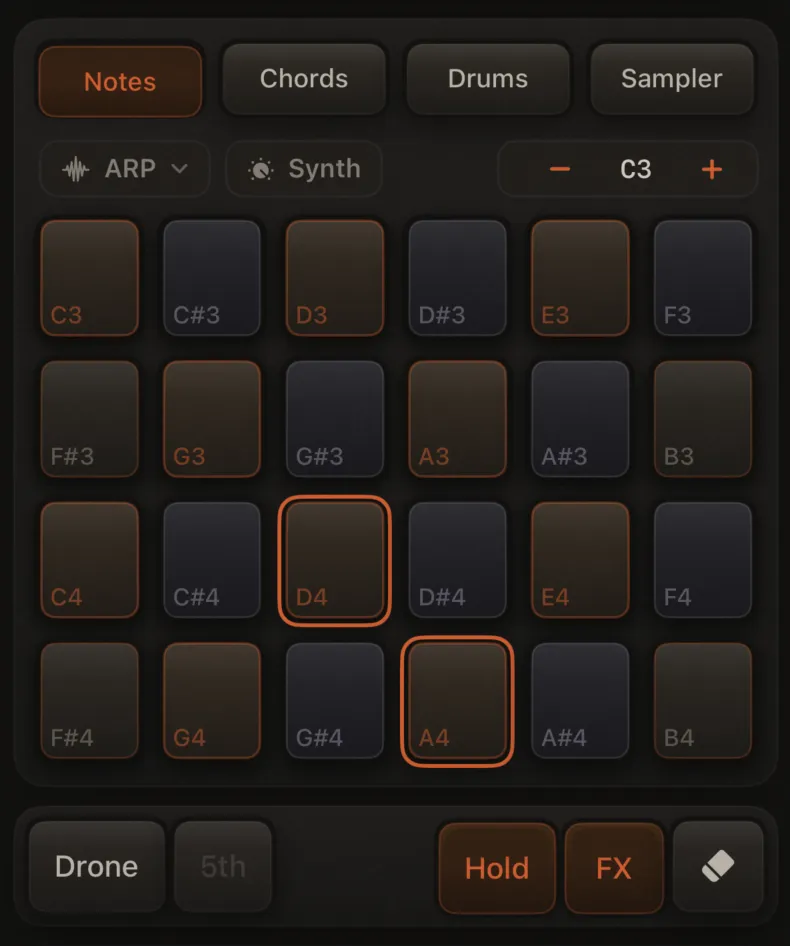 Notes grid with Hold on: at least two pads showing orange latch outlines on the selected track.