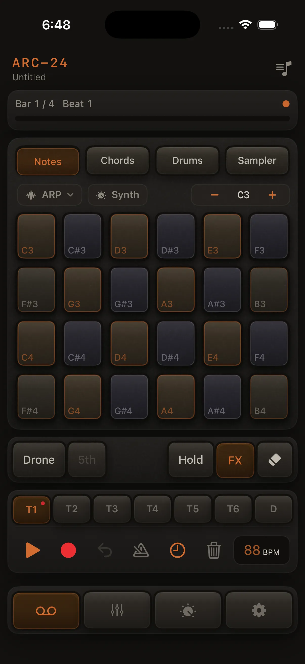 iPhone on main performance screen (Notes mode, pad grid, control bar, ARC-24 header). Dark background, orange accents.