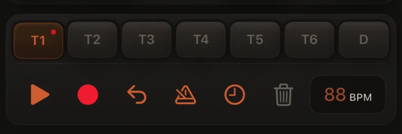 Tight crop of control bar: all buttons visible, T1 selected, BPM showing 88.