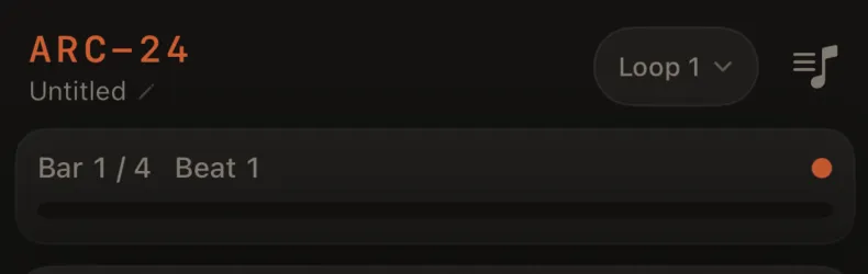 Close crop of header: ARC-24, song name with pencil icon, loop pill showing loop name (e.g. "Loop 1"), dim question-mark Help icon, song list icon on the right.