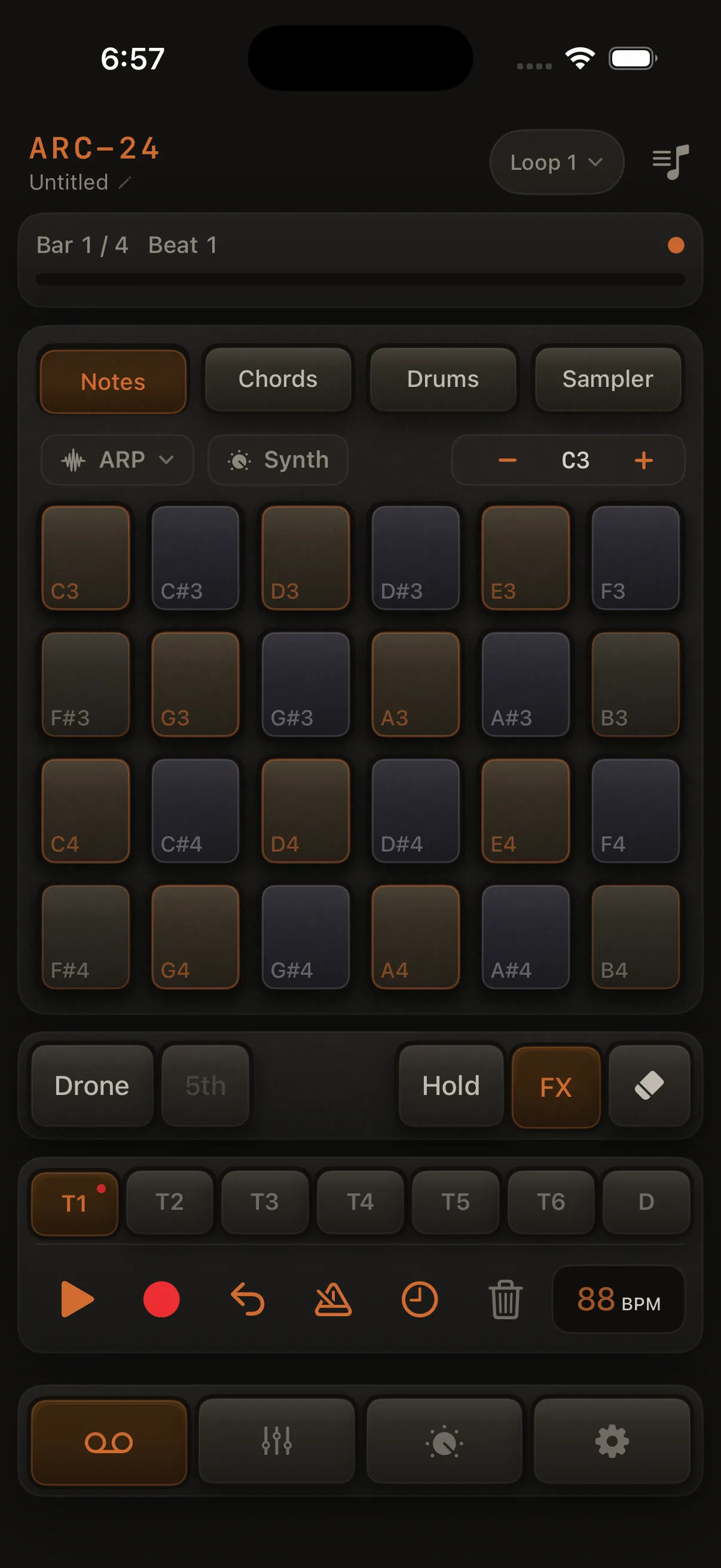 Full playback screen with optional callout labels: Header, Timeline, Modes, Pads, Extras, Control bar.