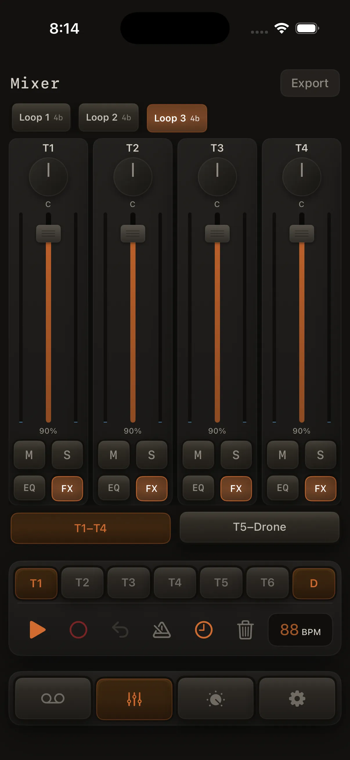 Mixer loop strip with 3+ named loops: "Intro", "Verse", "Chorus" — one pad active (filled accent).