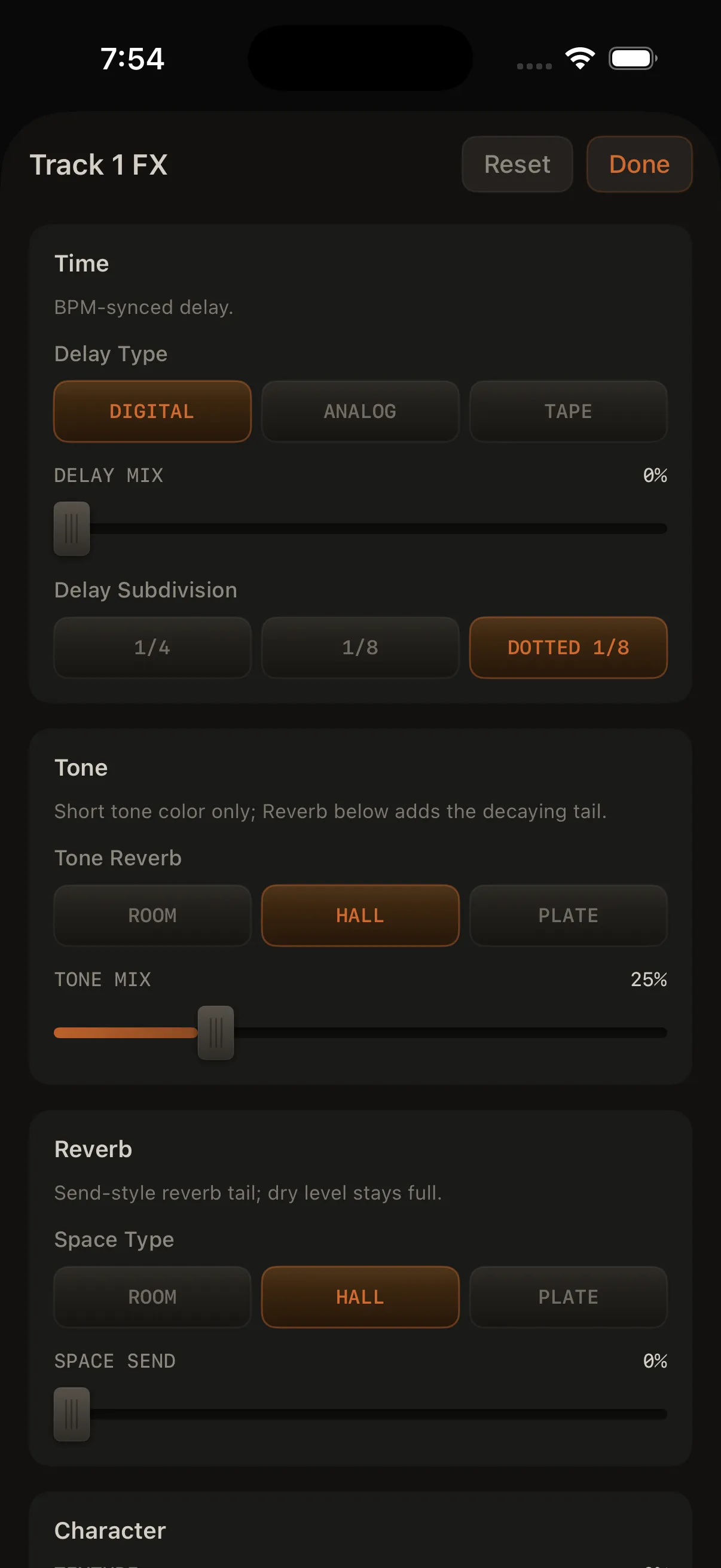 Track FX sheet: Character, Tone Reverb, Atmosphere (Space Send / Chorus / Tape Wow), and Motion — opened from Mixer → FX or the performance FX pill.