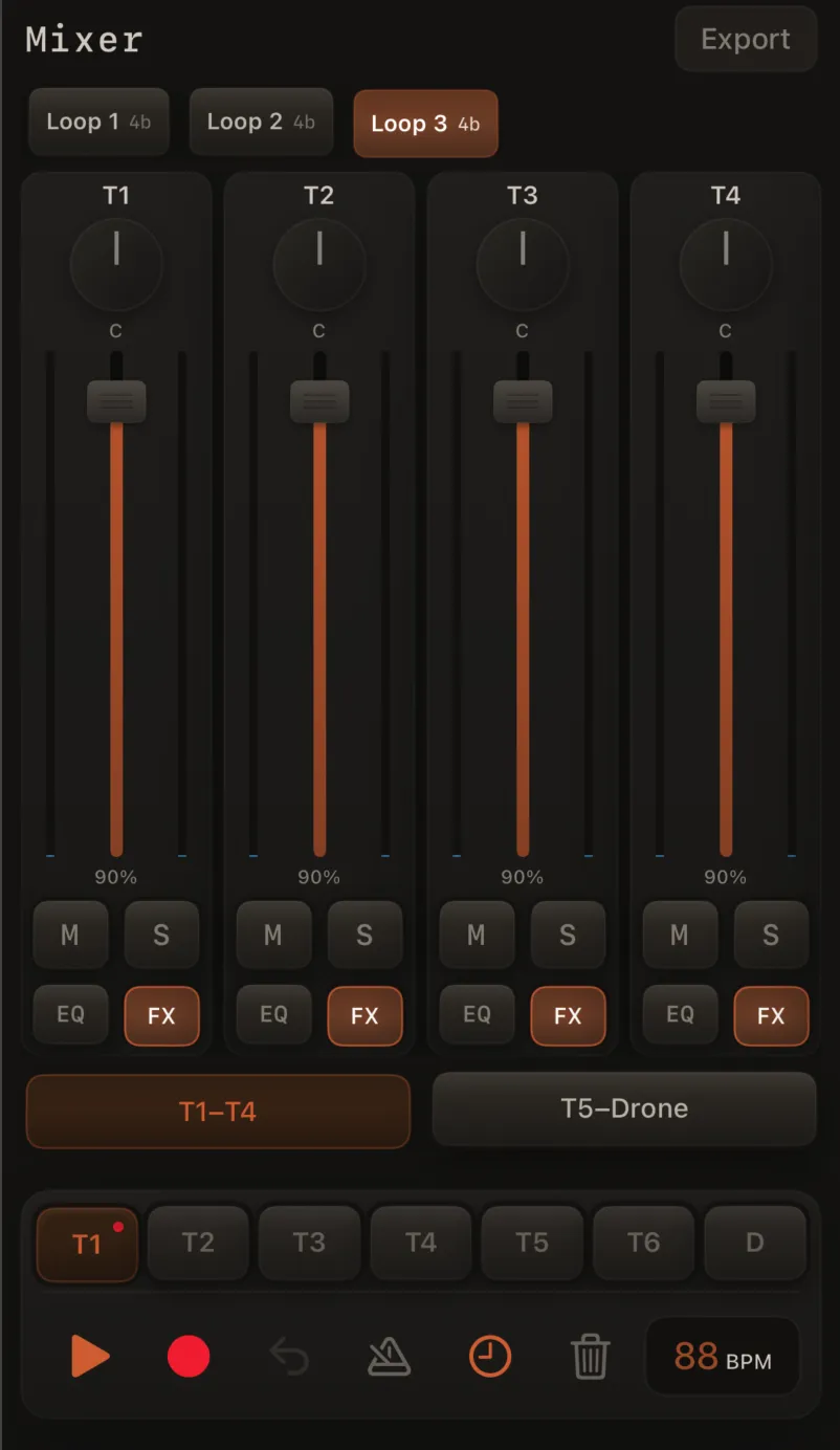 Mixer bottom or top area: horizontal row of loop scene pads with one active (accent).
