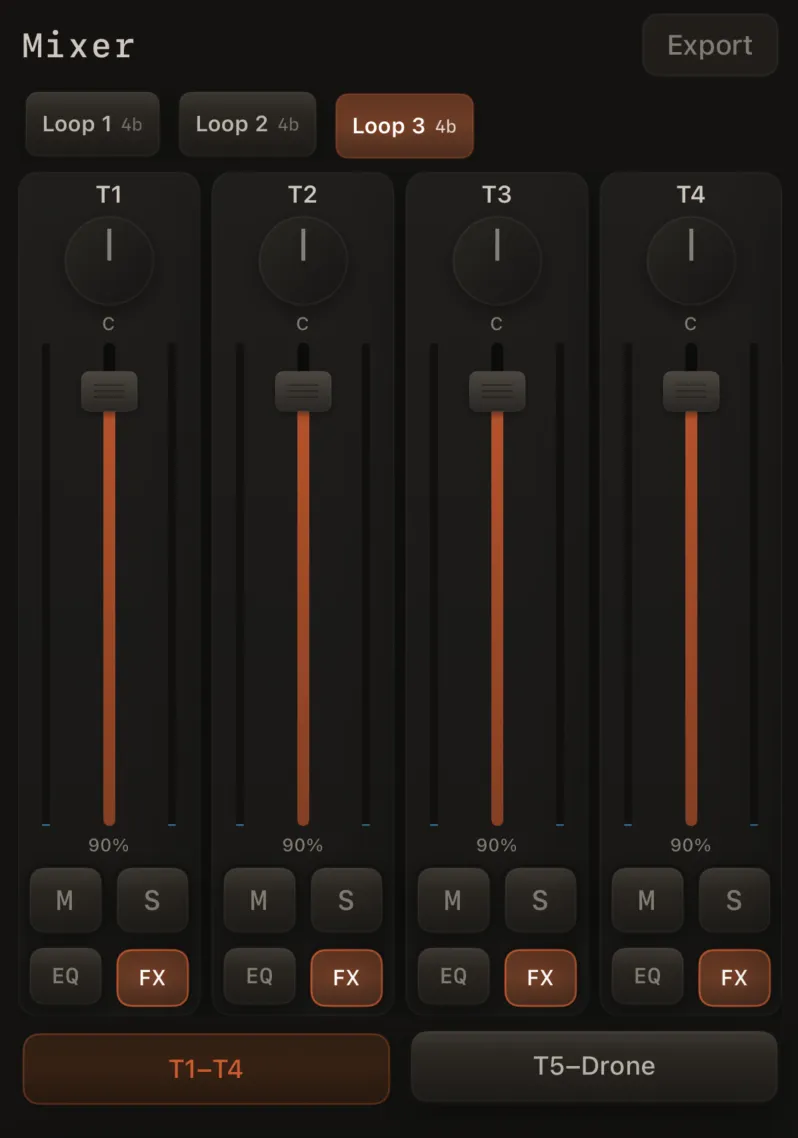 Mixer showing channel strips for T1-T4 with faders,pan,mute,solo,FX and EQ buttons.