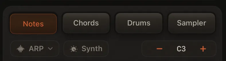 Notes header: ARP pill on left, OCT stepper on right with lowest-note readout.