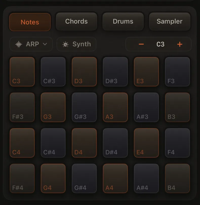 Notes mode in C Major: 4-row grid with note labels (e.g. C4, D4, E4). Mode pill "Notes" selected.
