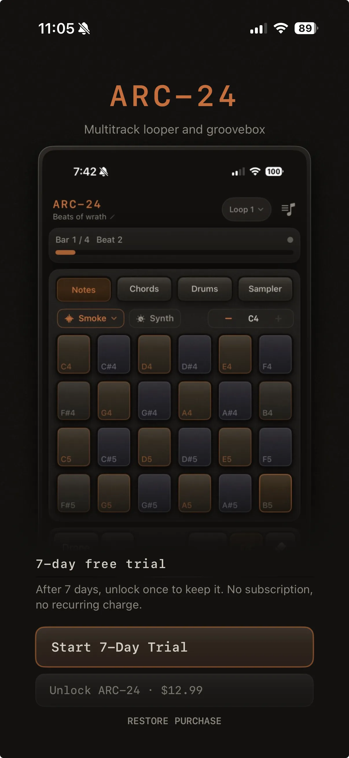 First-launch paywall: Start 7-Day Trial and Unlock ARC-24 buttons, Restore Purchase link, ARC-24 branding.