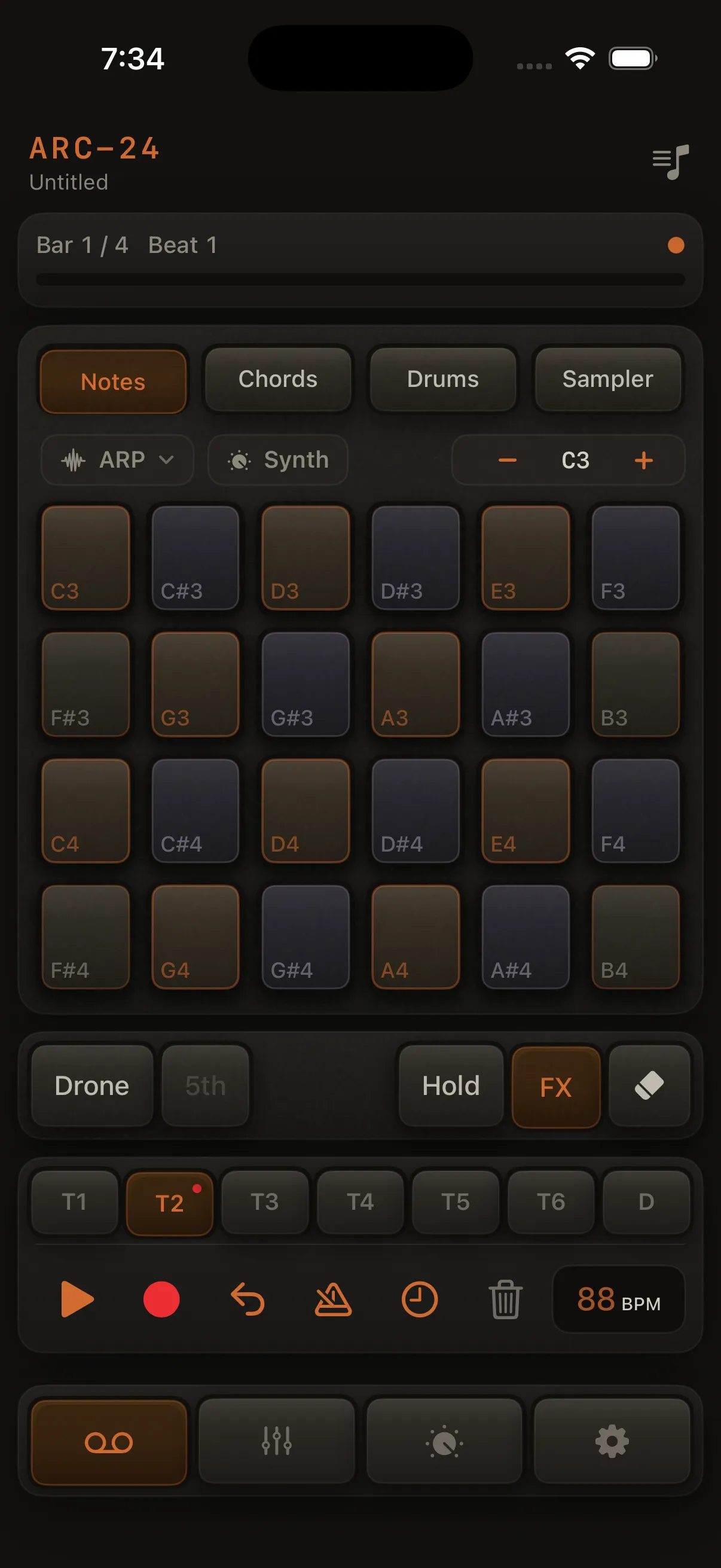 Notes mode, T2 selected, red record arm active.
Screenshot: images/recording-arm-drums.webp
Drums mode, drum track selected, red record arm active.