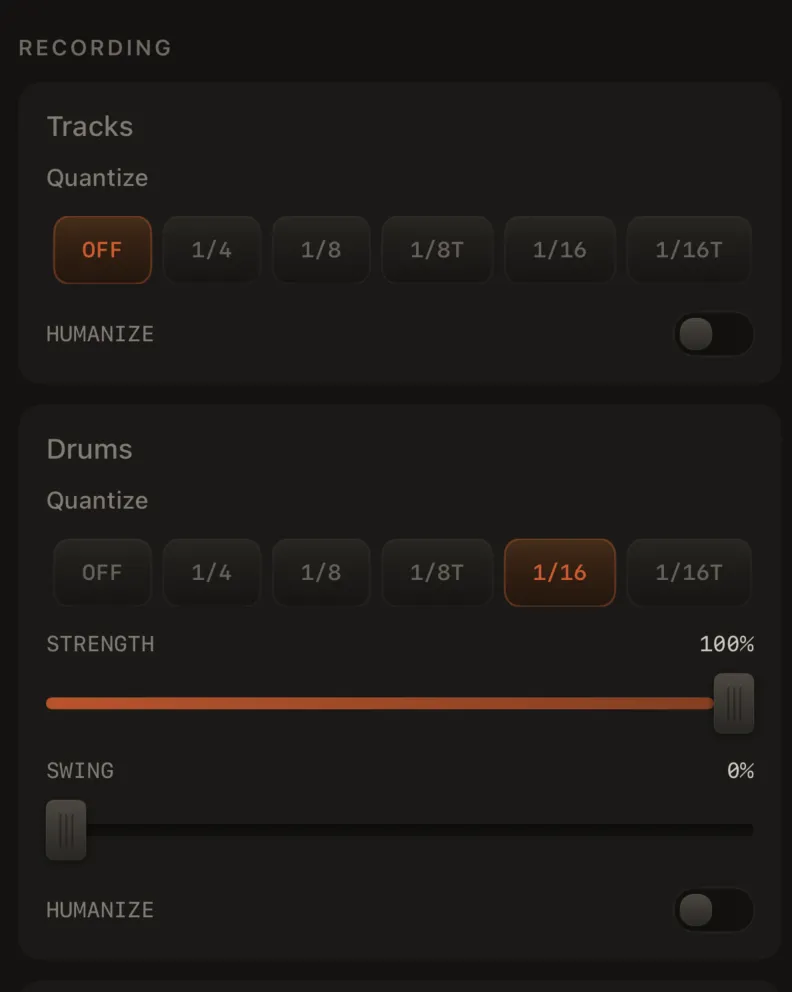 Sound Design → Track → Recording: quantize grid pills, strength slider, swing slider, humanize toggle.
