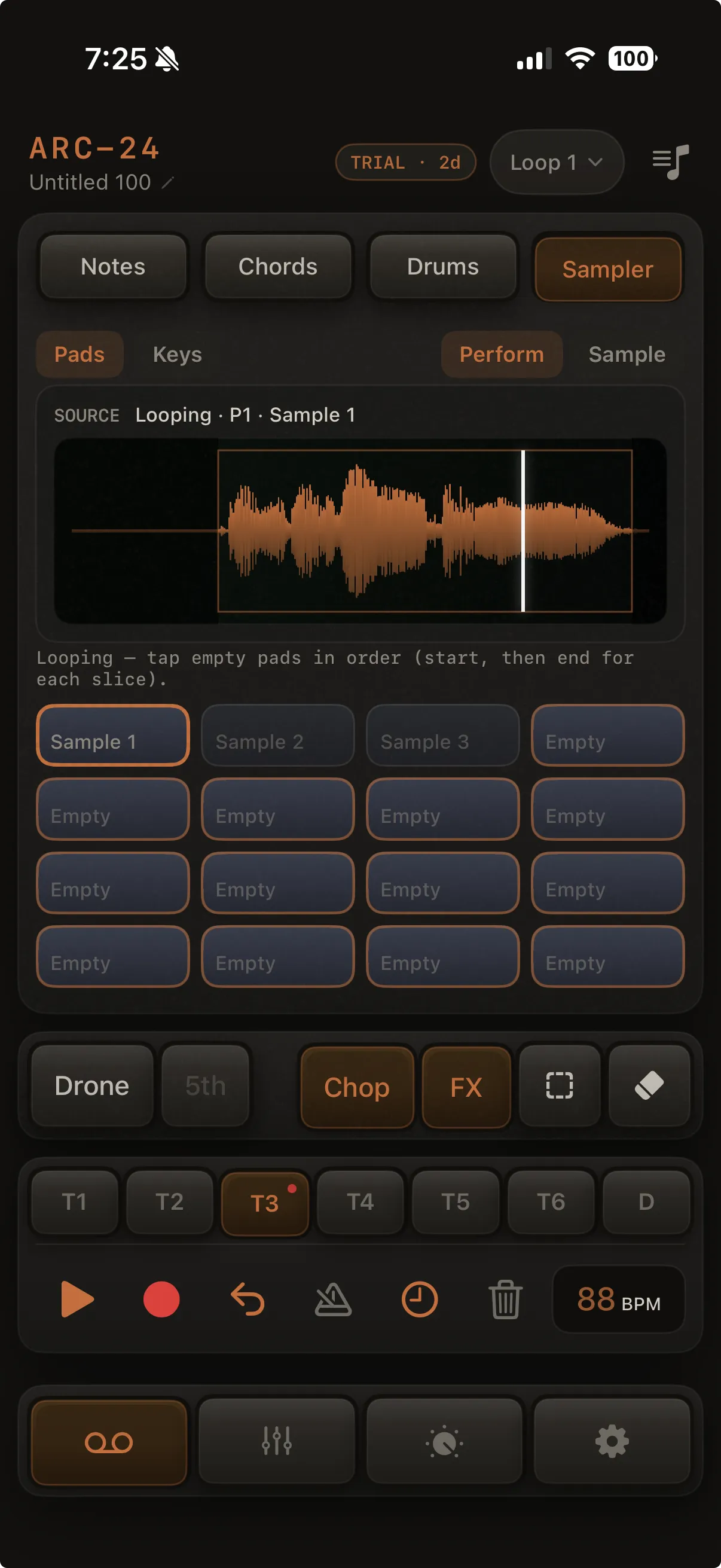 Chop on: transport bar hidden, source waveform with trim window, playhead, and orange dashed ring on pending destination pad.