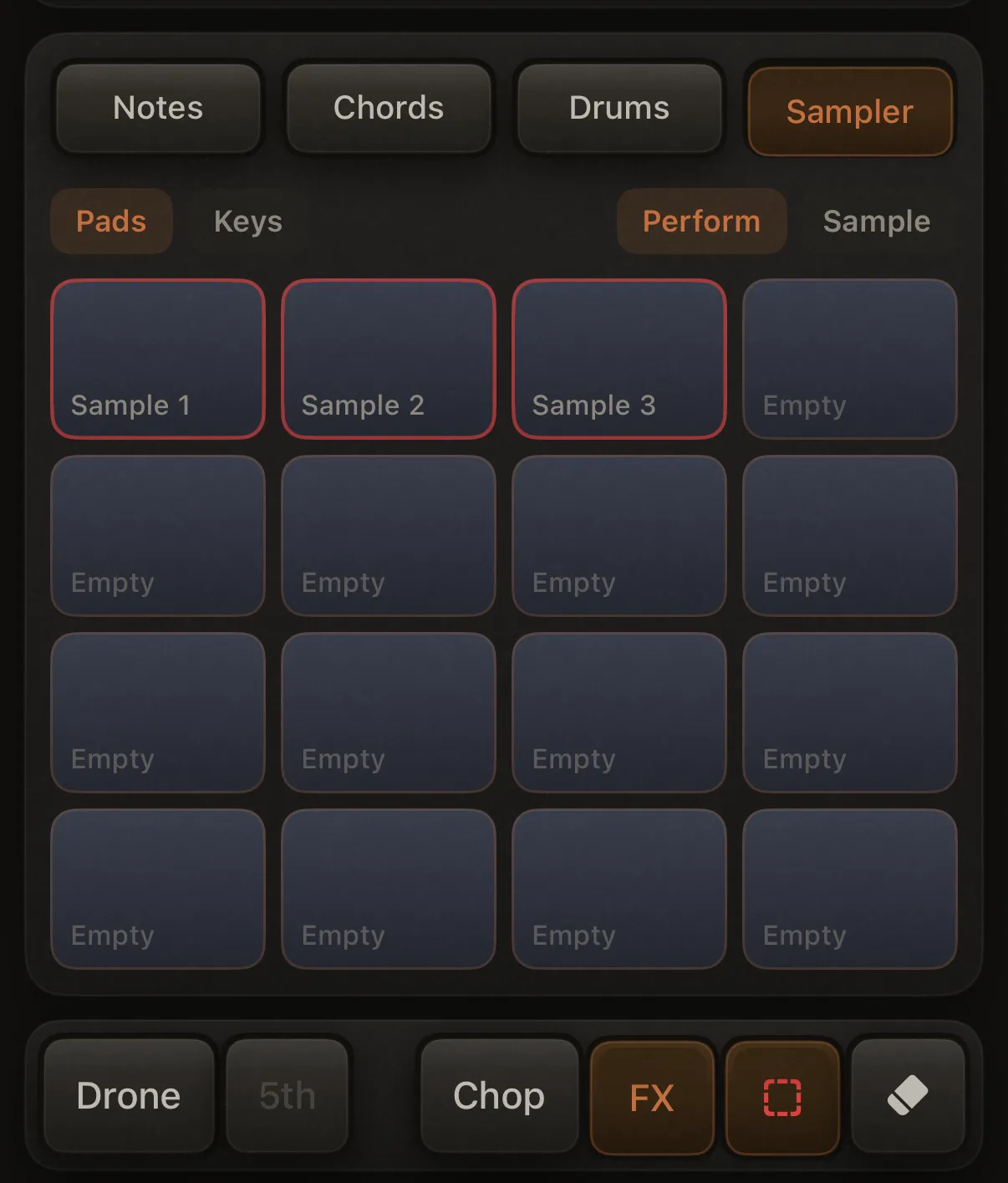 Extras row with Clear pad (dashed-square icon) active; a loaded pad highlighted as clear-eligible.