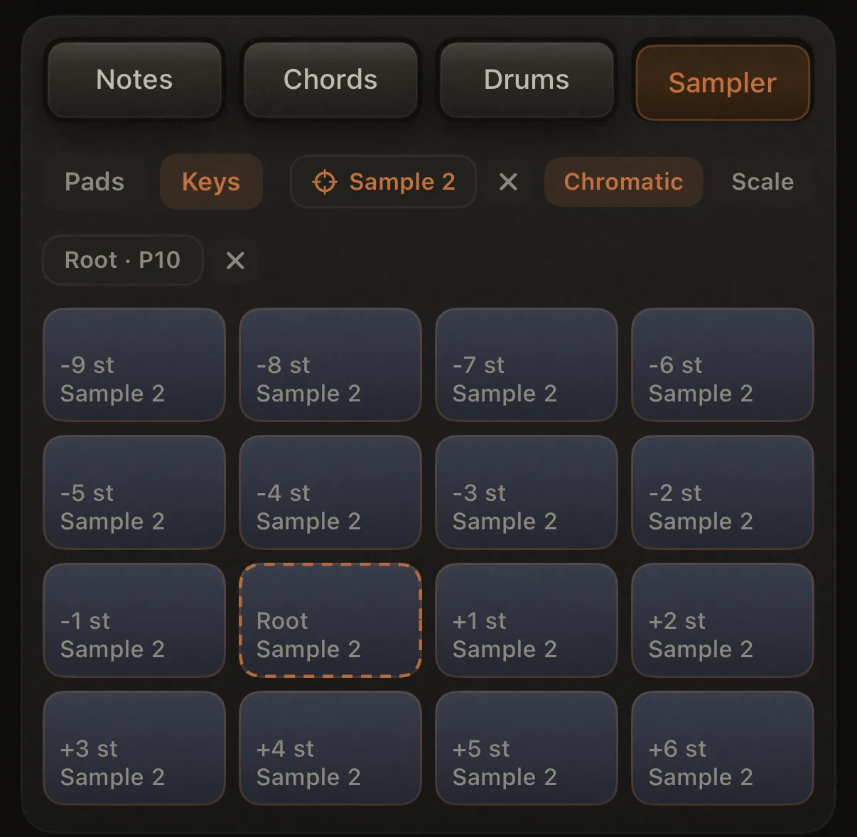 Perform mode, Keys selected: Set Source + Scale | Chromatic on the header row; Set Root sub-row with Pick root… and Speed | Length; grid labels show interval + sample name; root pad has dashed orange ring.