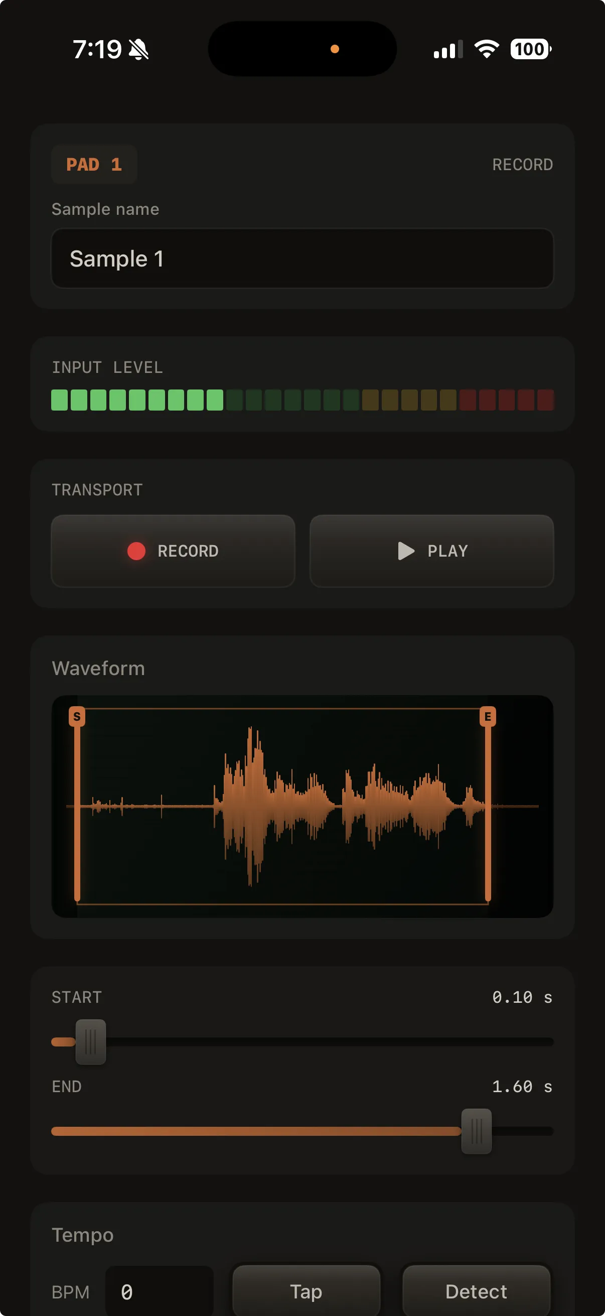 Import/record/edit screen: waveform with trim handles, Start/End sliders, Tempo row (BPM, Tap, Detect, Sync to song tempo), Assign to Pad or Save at the bottom. For Record mode, include the INPUT LEVEL meter, Record transport, and the metronome icon on the Transport row (off by default).