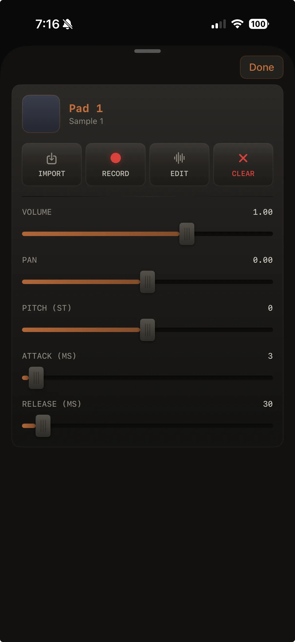Pad settings sheet: Import / Record / Edit / Clear row, shape knobs (volume through release), mini pad preview, Done in the header.