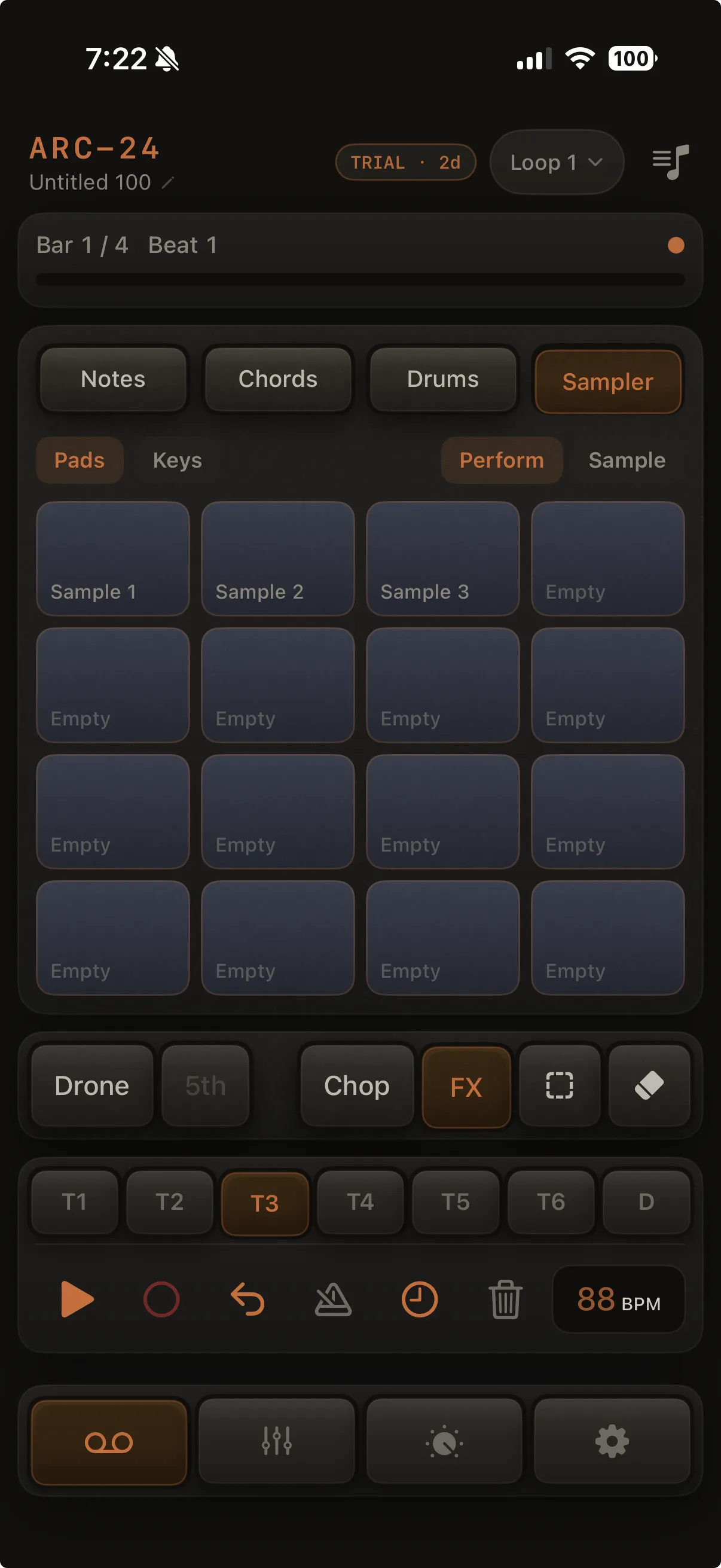 Perform mode, Pads layout: 4×4 grid with sample names on loaded pads, empty slots labeled Empty.