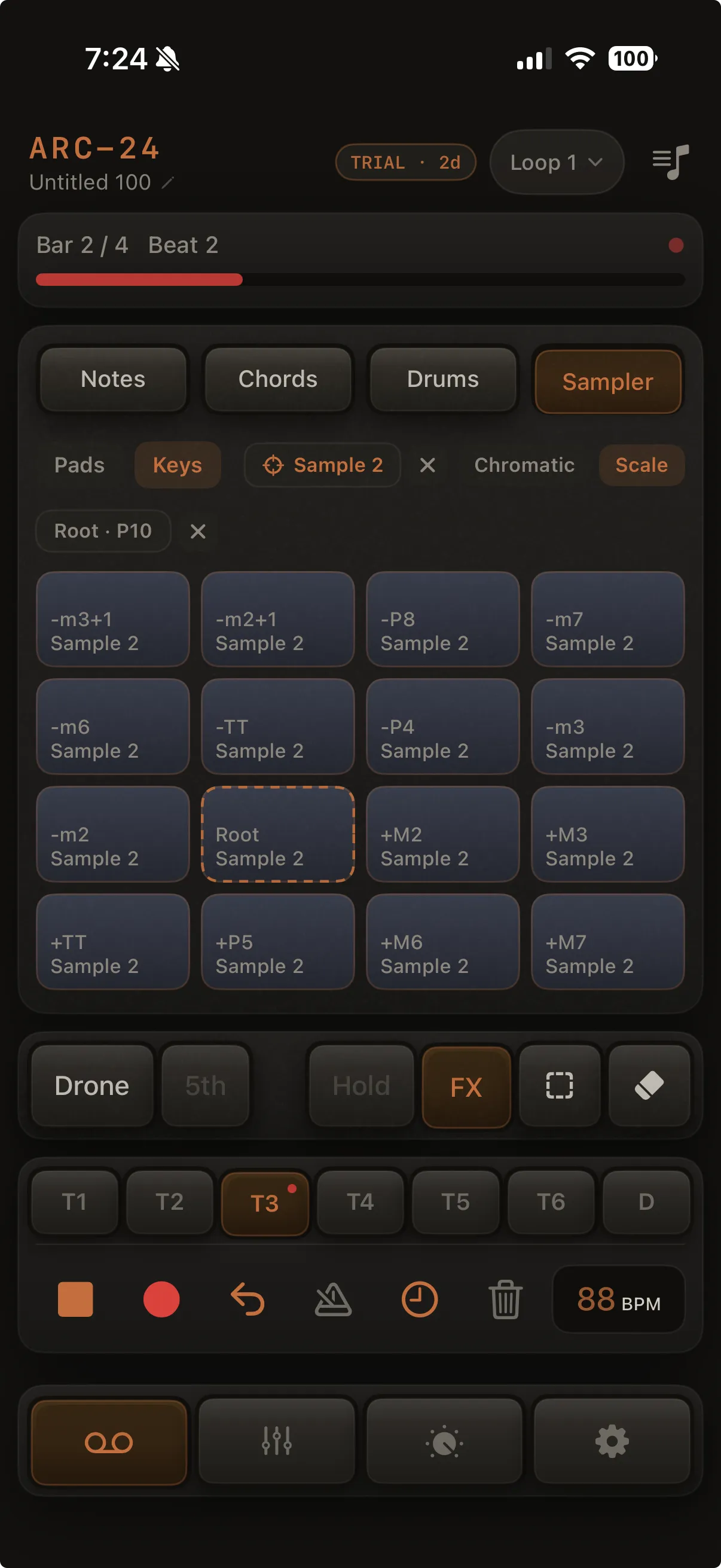 Sampler mode with T2 selected, record arm red, at least one pad hit visible on timeline or flashing pad during record.