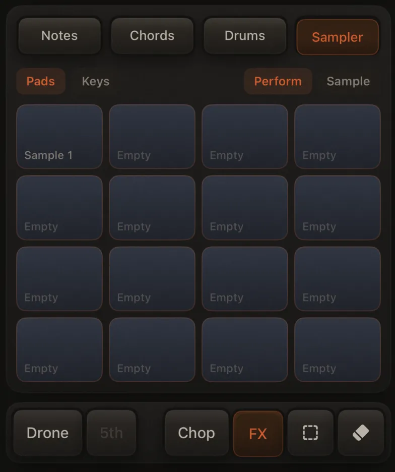 Sampler header: Pads | Keys on the left, Perform | Edit toggle on the right (Perform selected), 4×4 grid below with at least one loaded pad labeled.