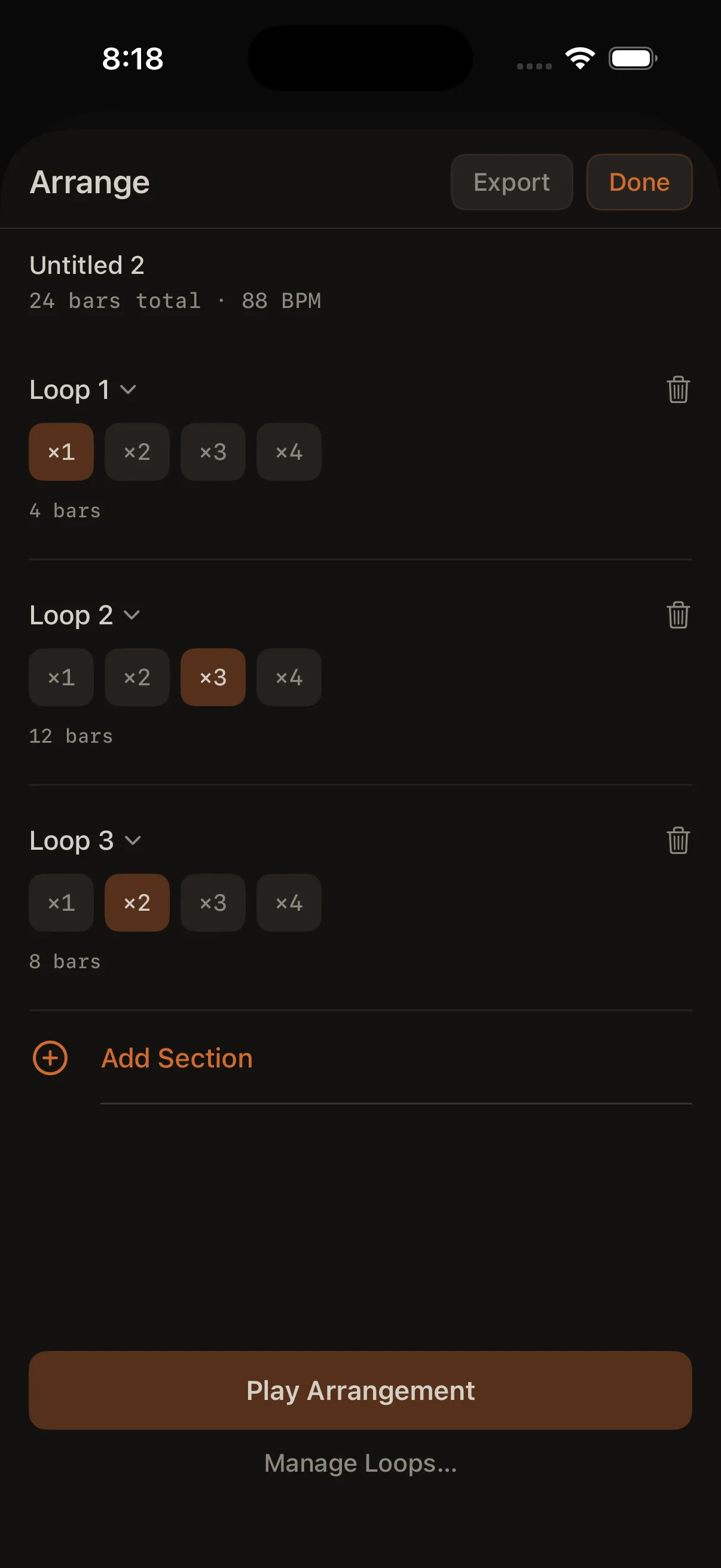 Arrangement sheet: vertical list of 3 sections with loop names and ×1–×4 pills, Play Arrangement button visible.