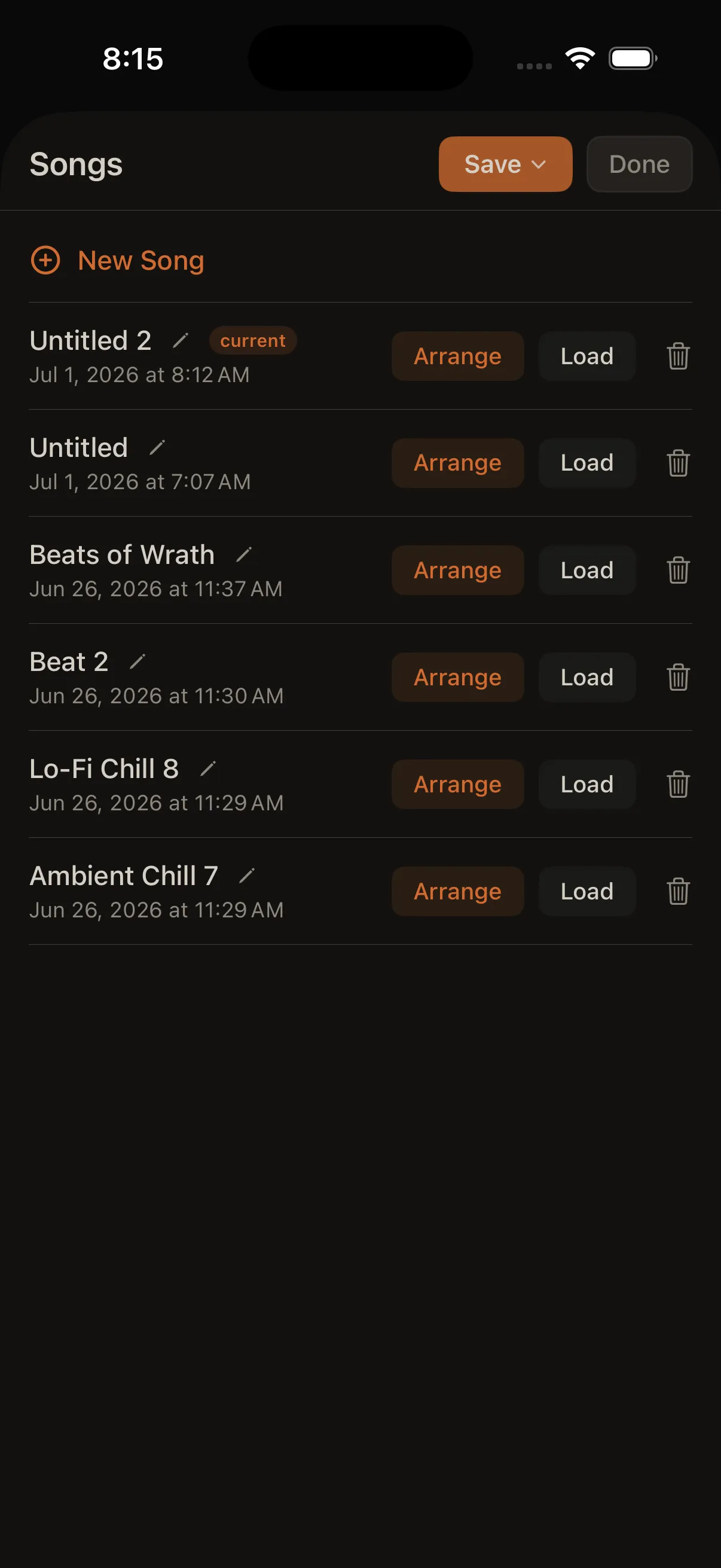 Song list sheet with Save, New, and at least two songs in list.