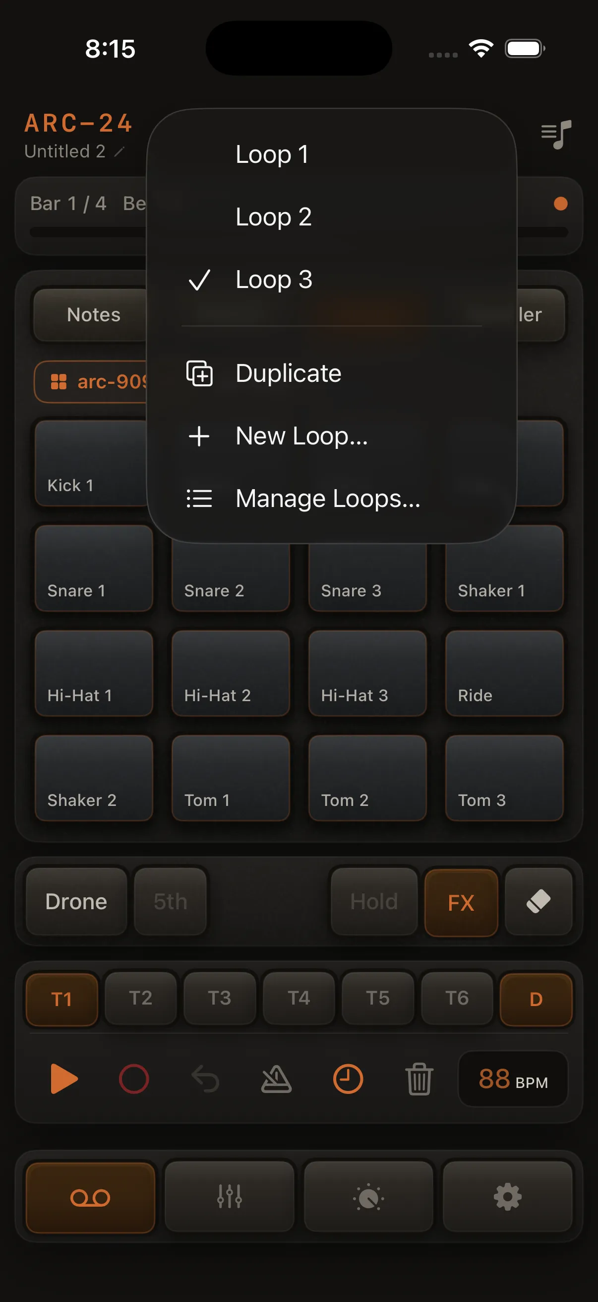 Loop pill menu open showing loop names and Manage option.