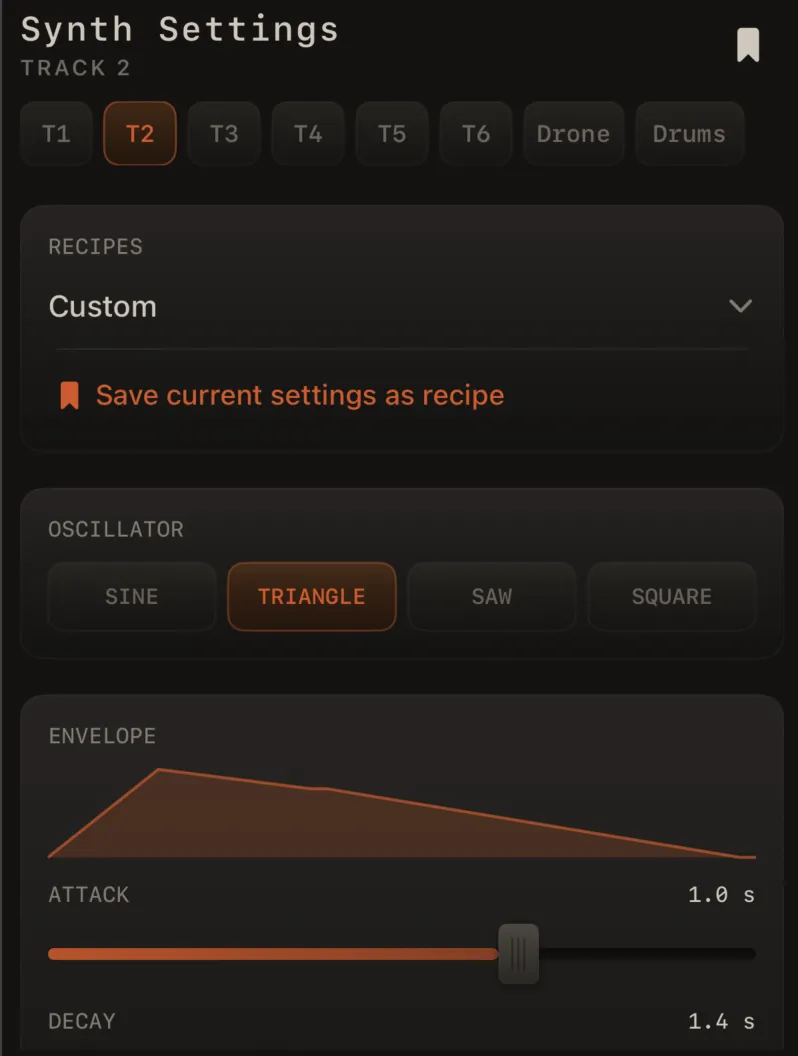 Recipes section showing the "Save Custom Recipe" row and/or header save icon when settings have been changed.