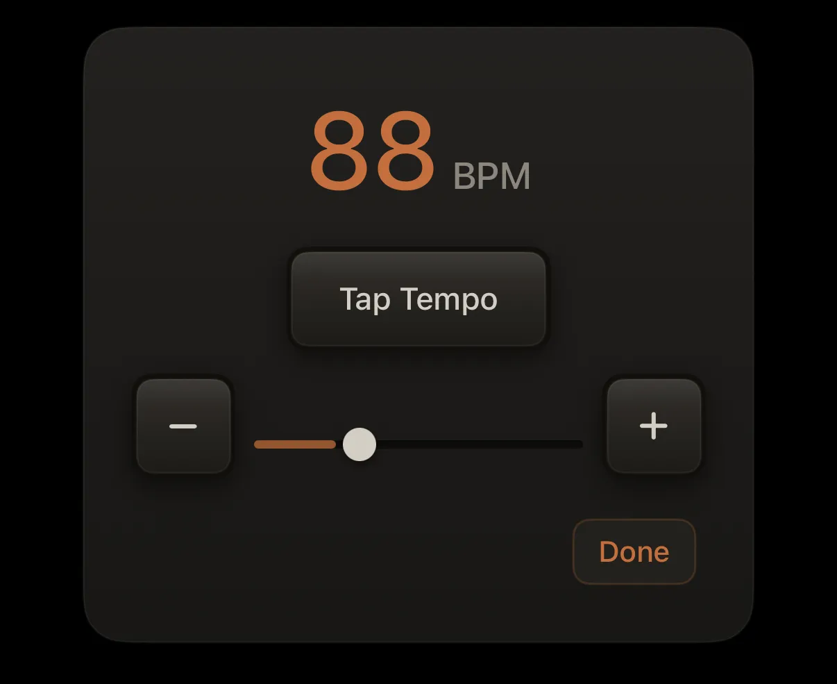 Tempo overlay with large BPM readout and adjust controls.