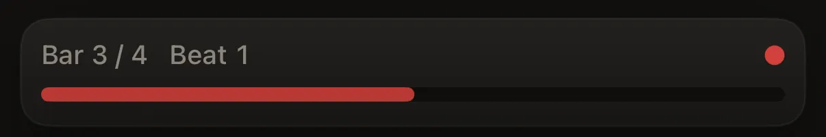 Transport panel while playing: timeline showing mid-loop position (e.g. Bar 2 / 8 · Beat 3). Optional recording indicator if armed.