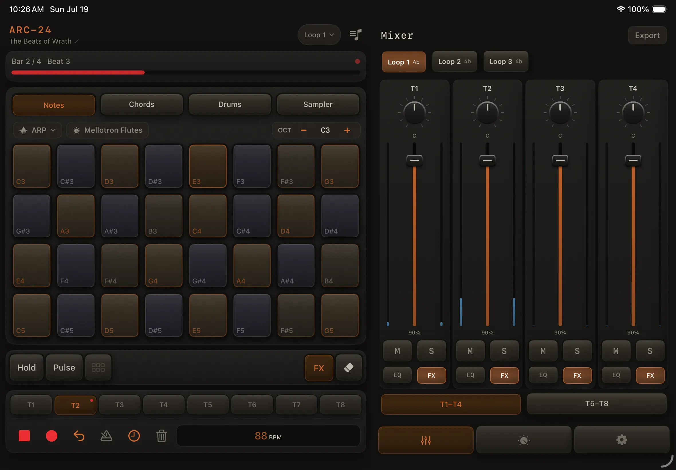 ARC-24 Notes and mixer view on iPad