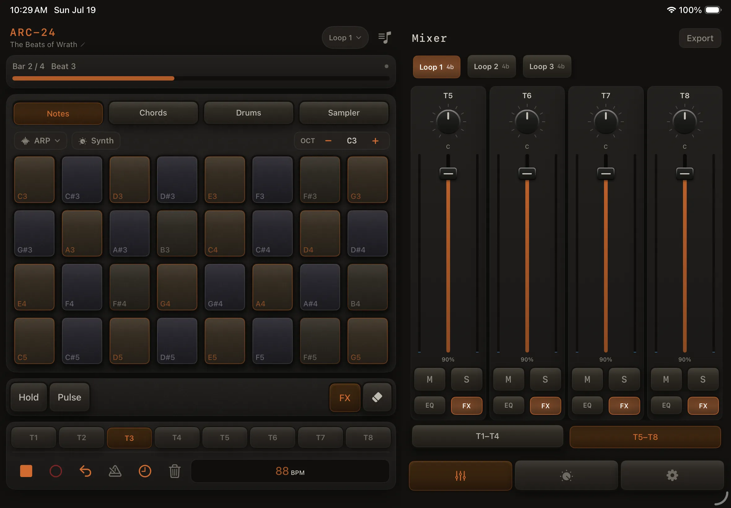 ARC-24 Notes and mixer tracks T5–T8 on iPad